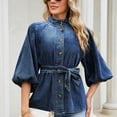 thumbnail image 2 of SETOOFF Womens 3/4 Length Sleeve Tops Denim Blouses Stand Collar Button Front Belted Waist Puff Sleeve Casual Shirts Women Spring Fall Travel Daily Outfit, 2 of 9