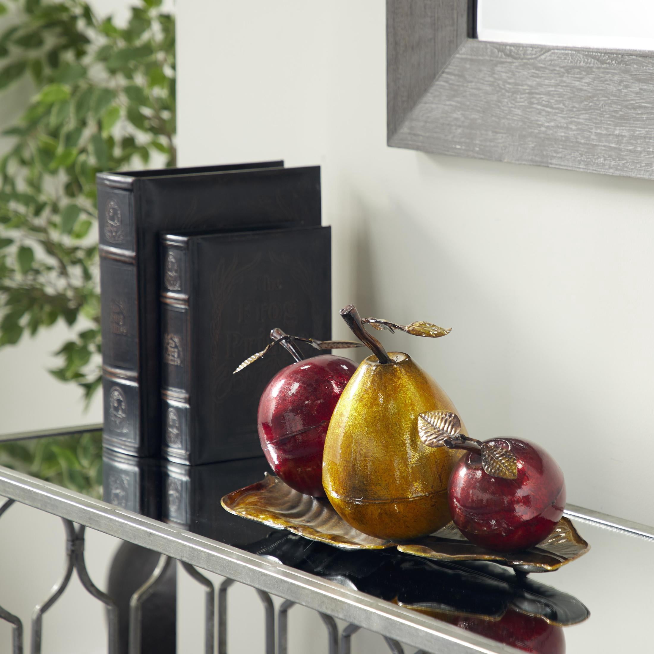 DecMode Colorful Faux Red Apple and Yellow Pear Fruit Table Top Décor on Bronze Metal Leaf Tray, 19"W x 10"L x 9"H