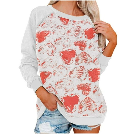 

Womens Long Sleeves Blouse Valentine s Day Fashion Retro Love Printing Patchwork Sleeve Pullover Casual Loose Round Neck Ladies Tunics Sweatshirt Top