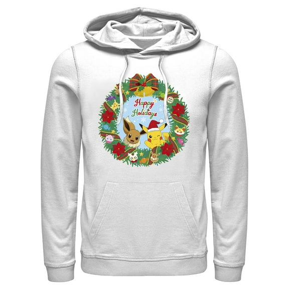 Men's Pokemon Pikachu and Eevee Happy Holidays Pull Over Hoodie White 3X Large