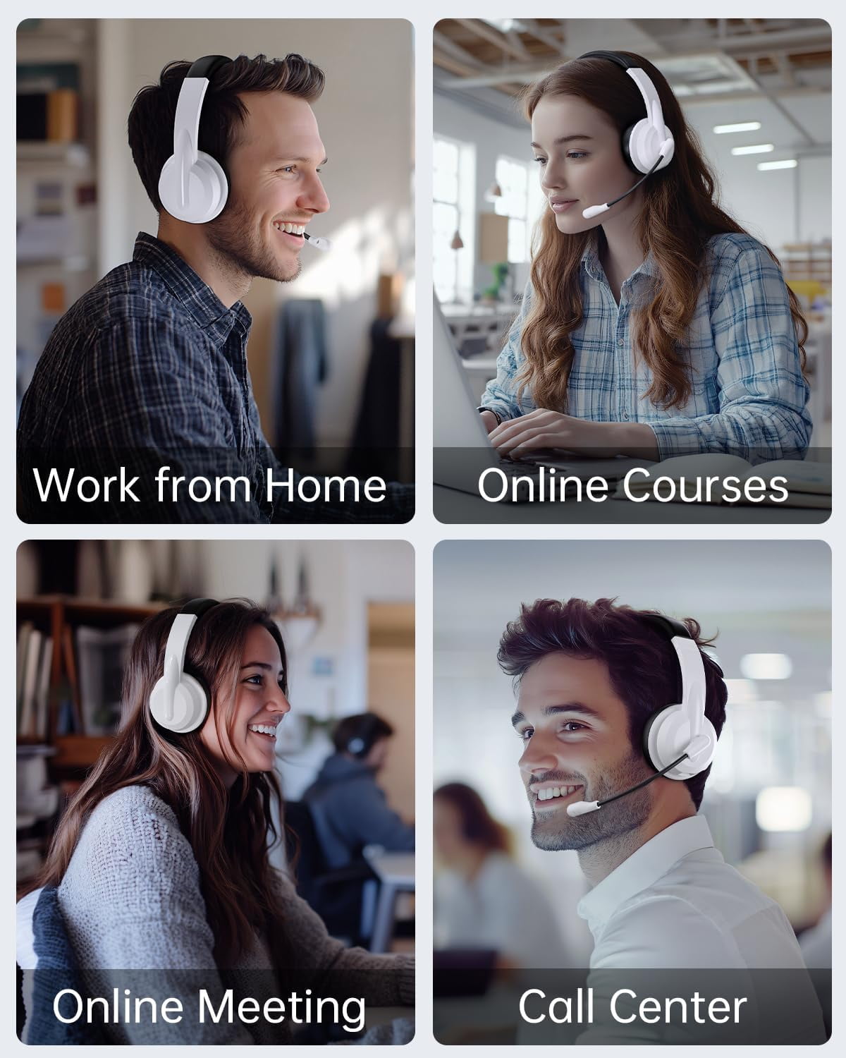 Froura 2.4GHz Wireless Headset with Microphone for Work with AI Noise Cancelling & Mic Mute, Bluetooth V5.3 Headphones with Microphone for Computer, Mac, Laptop, Phone, Zoom, Call Center - White