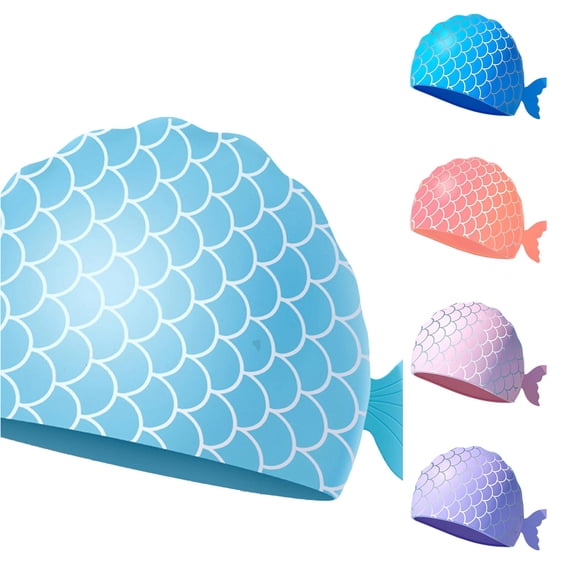 Rggeeun Kids Swim Cap Cute Cartoon Plaid Pattern Non Constricting Head Ear Protecting Soft Caps Sun Hat Summer Boys and Girls School Activities Comfort,Blue,5-12 Years