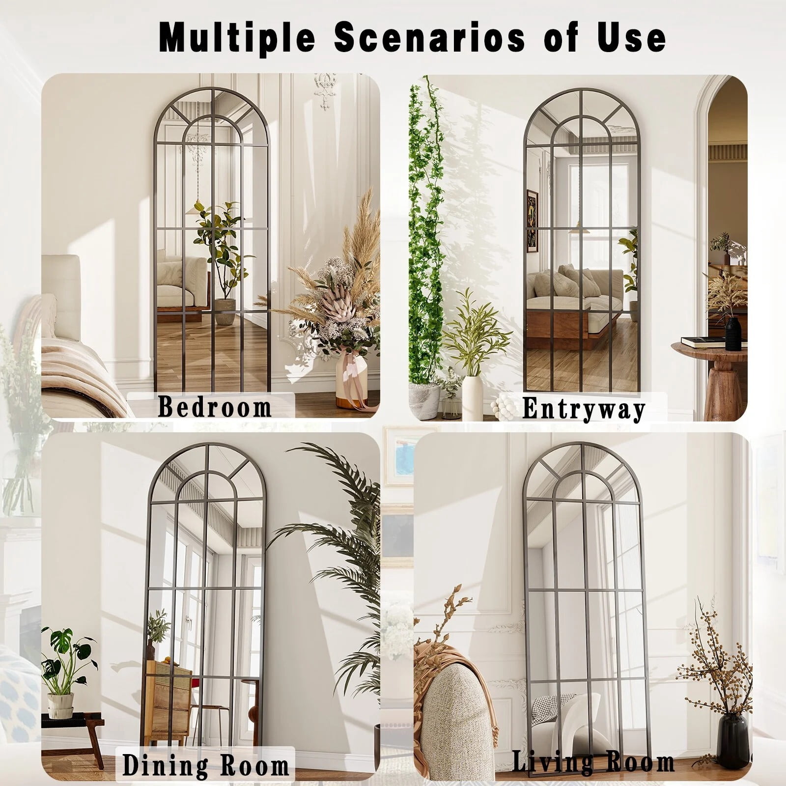 Lumora 25"x69" Windowpane Full Length Arched Floor Mirror, Black