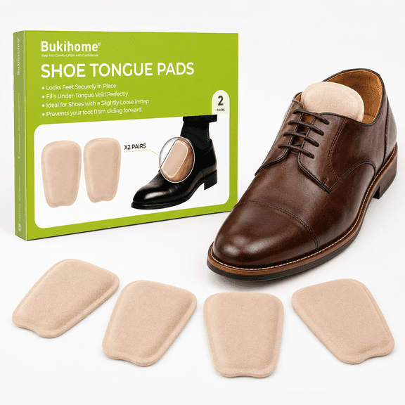 Bukihome Shoe Tongue Pads for Loose Shoes - Suede Memory Foam Fillers for Dress Shoes, Boots & Loafers, Beige, L, 2 Pairs