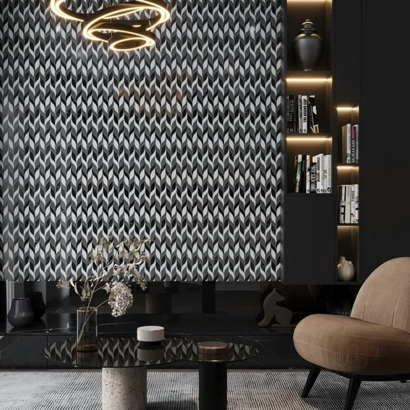 Noir Luxe 10 x 12 in. Polished Black, White Marble Mosaic Leaf Wall and Floor Tile (4.07 sq ft/case) - 5 Pack