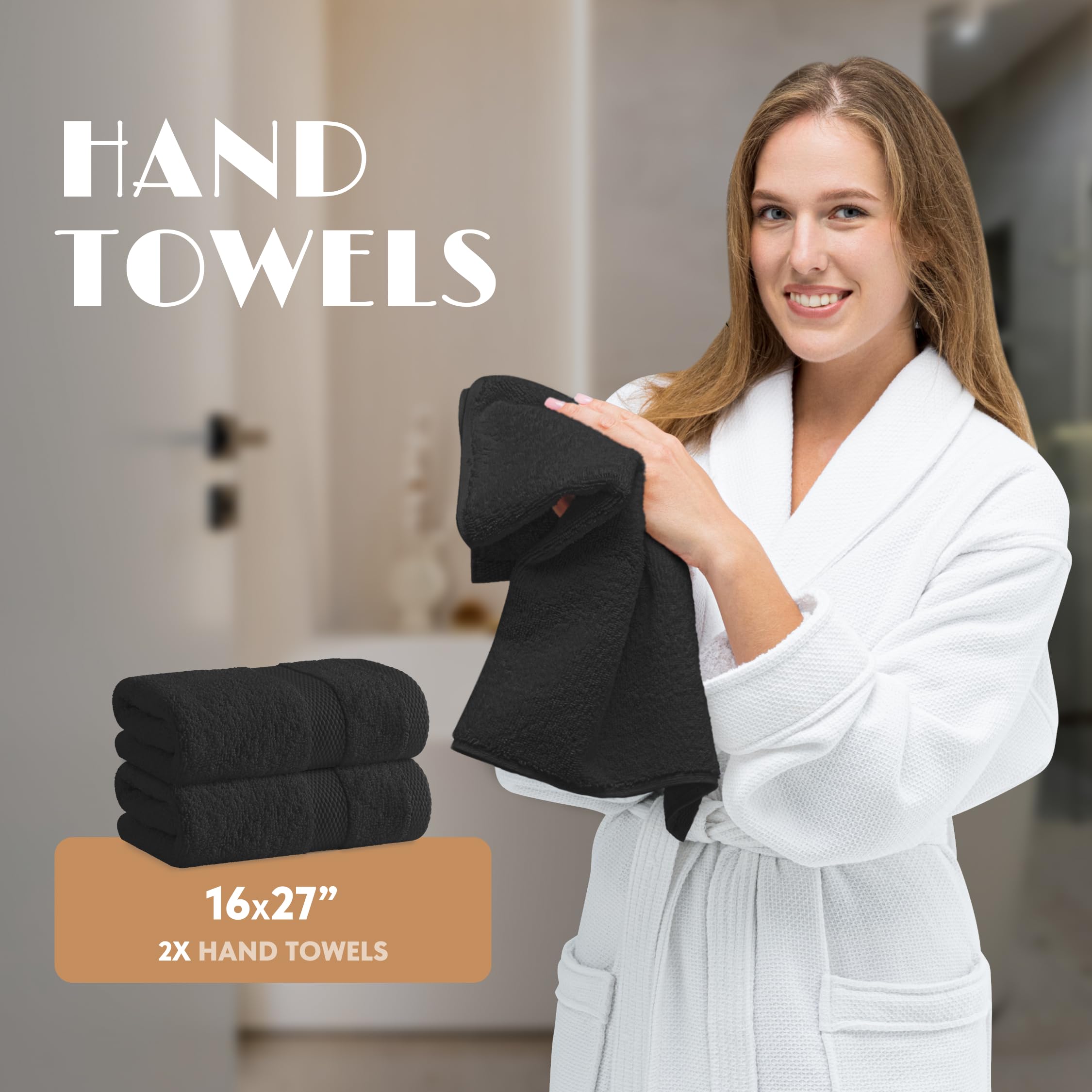 White Classic Black Bath Towel Set of 6 - 100% Cotton Highly Absorbent Towels for Bathroom, 2 Luxury Bath Towels 650GSM, 2 Hand Towels, 2 Washcloths