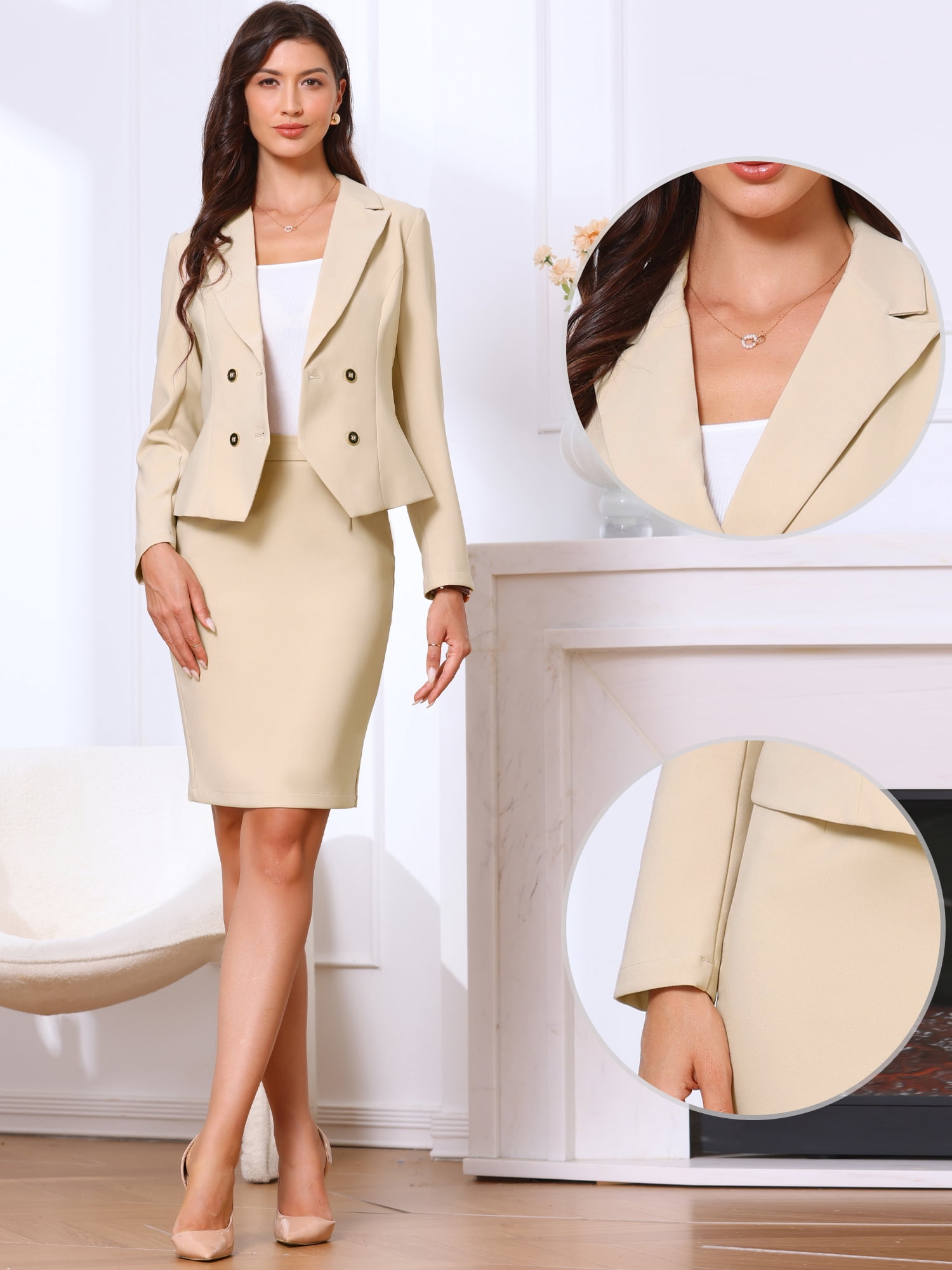 DARING DIVA 2Pcs Women's Office Double Breasted Blazer Pencil Skirt Set L Khaki