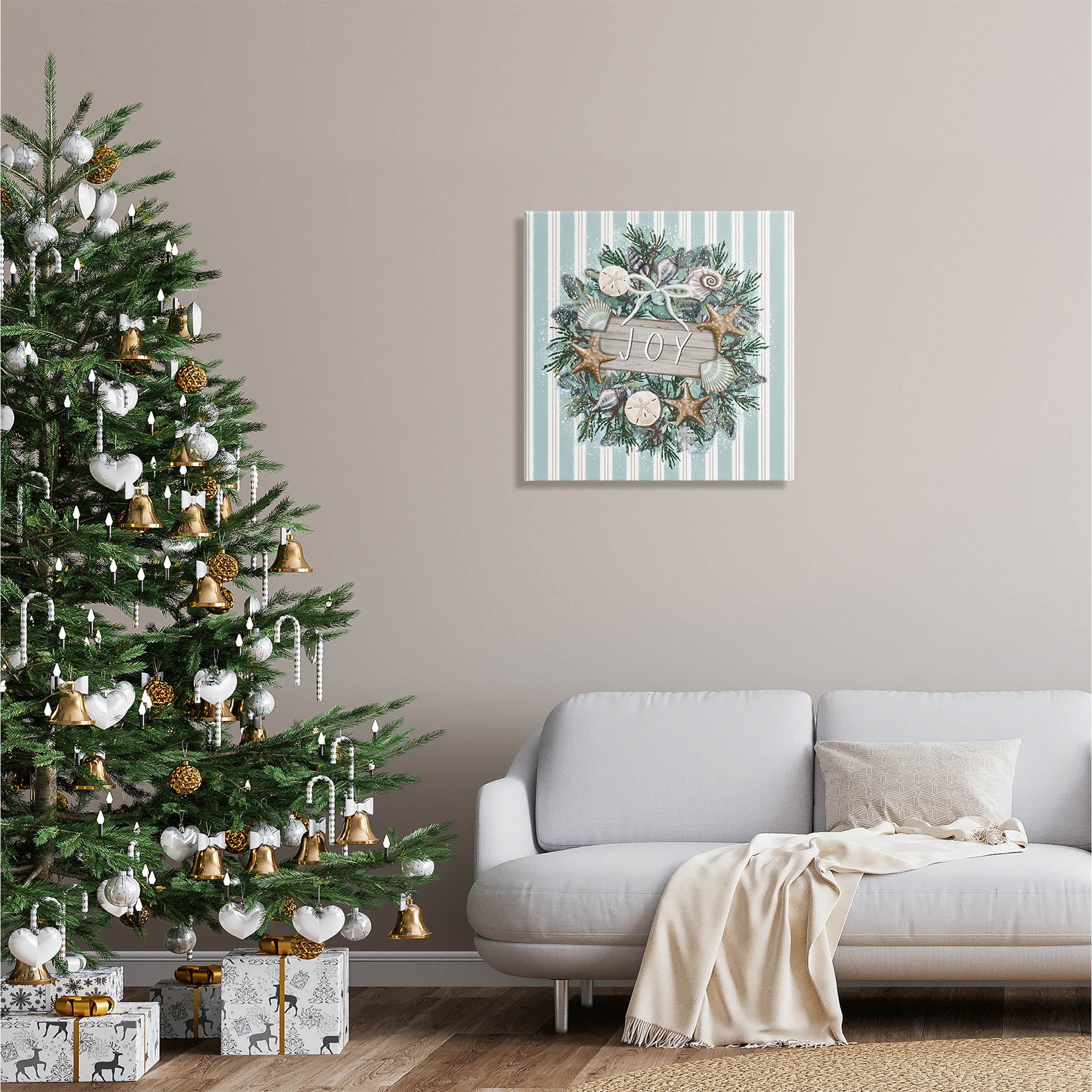 Stupell Industries Striped Joy Seashell Wreath Graphic Art Gallery Wrapped Canvas Print Wall Art, Design by Elizabeth Tyndall