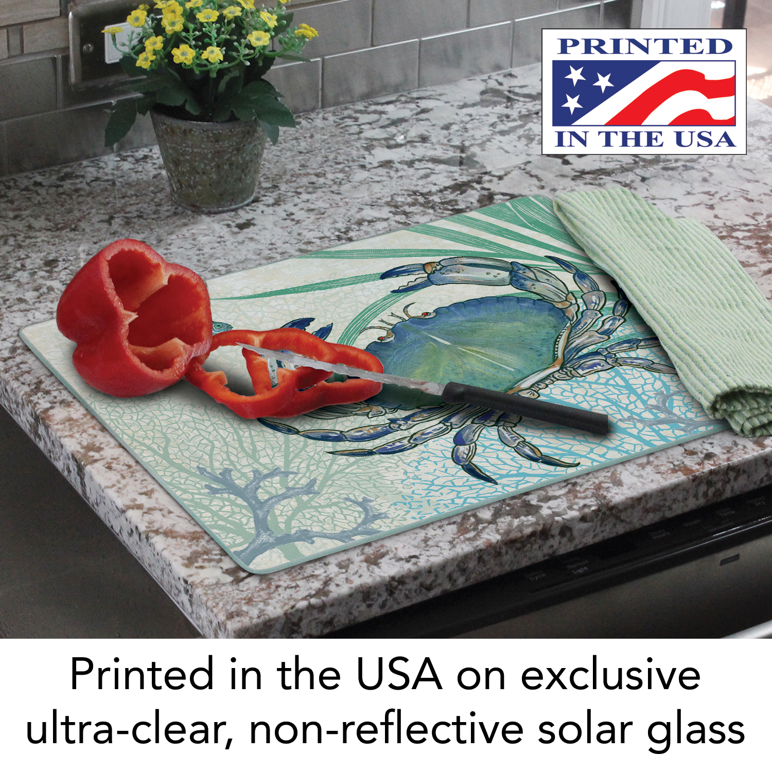 CounterArt "Oceana Crab" 3mm Heat Tolerant Glass Cutting Board 15" by 12"