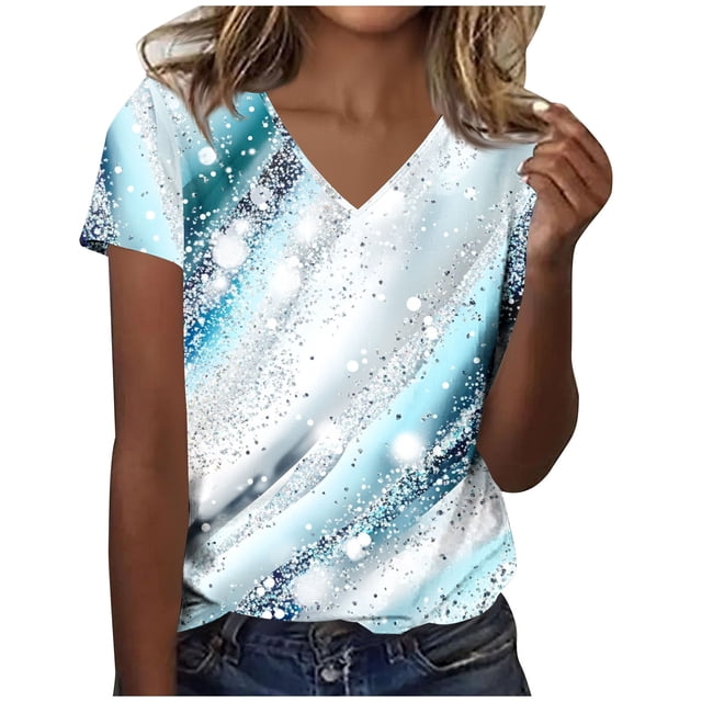 Blusas de Manga Corta para las Mujeres Impresión de Verano V-Cuello Blusa de Manga Corta, Poliéster Casual Top para las Mujeres, Lavado a Mano Toda la Temporada