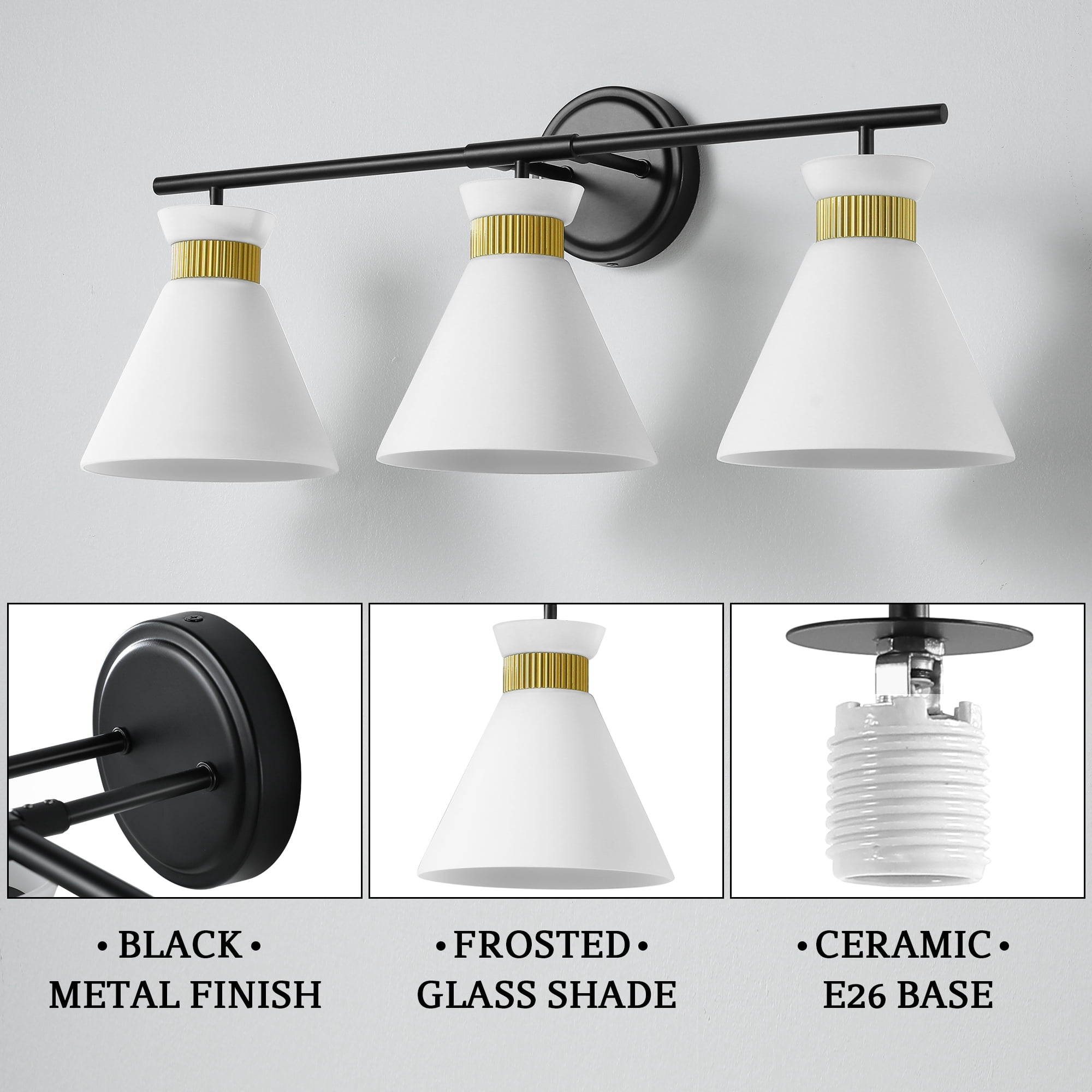 3-Lights Vanity Lights for Bathroom Black and Gold Wall Sconce Lighting with Frosted Milky Glass for Over Mirror Bedroom Hallway