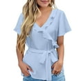 thumbnail image 2 of Jxximdong Women Blouses, Women Casual Shirt Ruffle Wrap V Neck Tops Tie Waist Peplum Business Work Blouse, Blue Daily Dresses for Women, 2 of 7