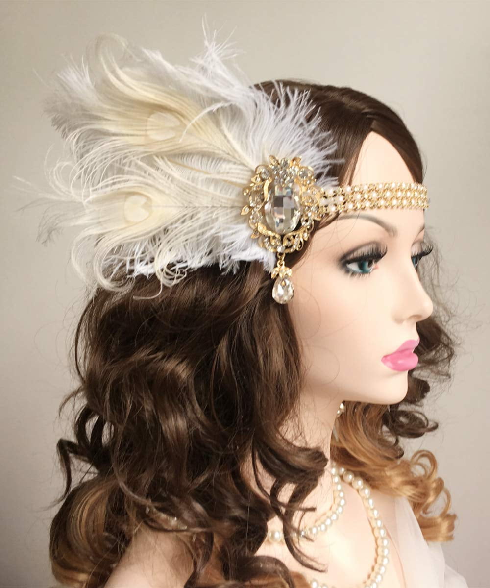 Chmier Bridal 1920s Flapper Feather Headband with Crystal Pearl Head