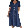 thumbnail image 1 of QUYUON Robe en Lin Femme Été Décontractée Col en V Manches Courtes Chemise Boutonnée Robes Invitée de Mariage Cocktail Fête Robe Trapèze Mini avec Poches Robe de Plage Soleil Style D-3409 Bleu Foncé m, 1 of 8