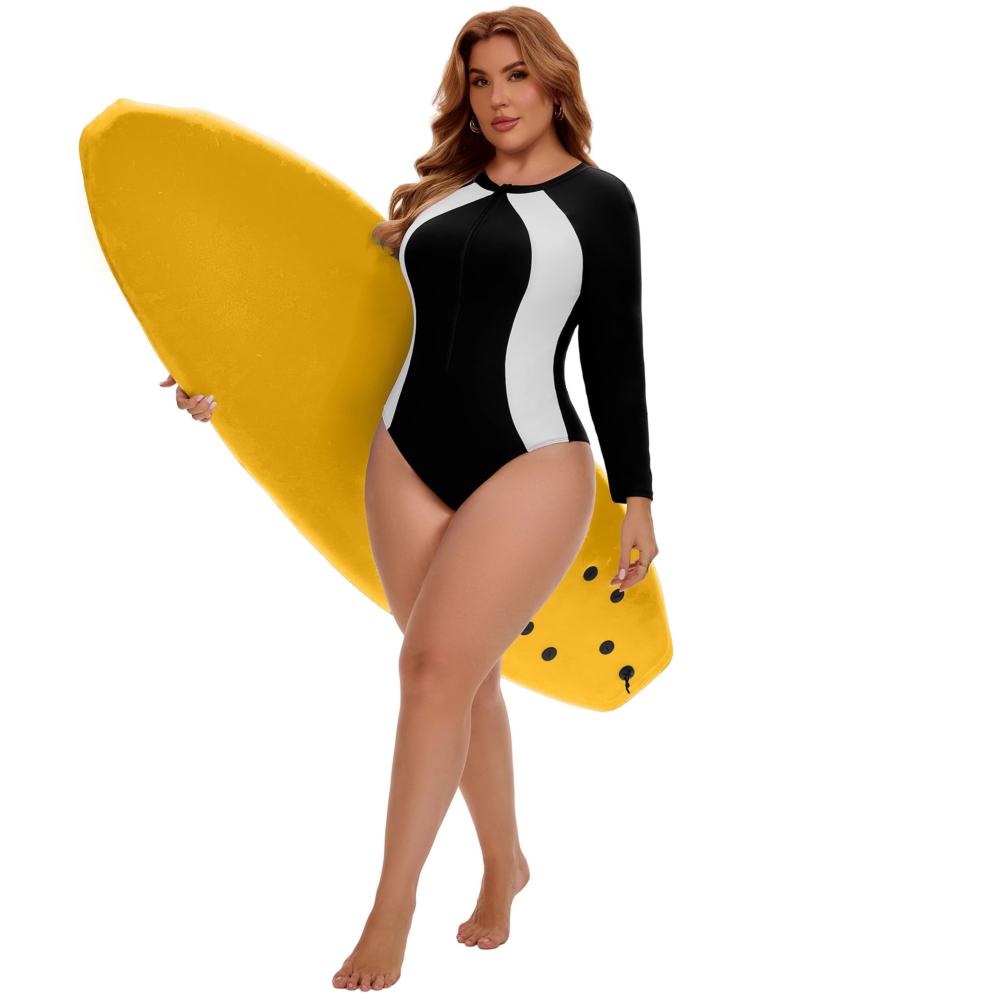 DARING DIVA Women's Plus Long Sleeve Zip Front Beach Swimsuit 2X Black White