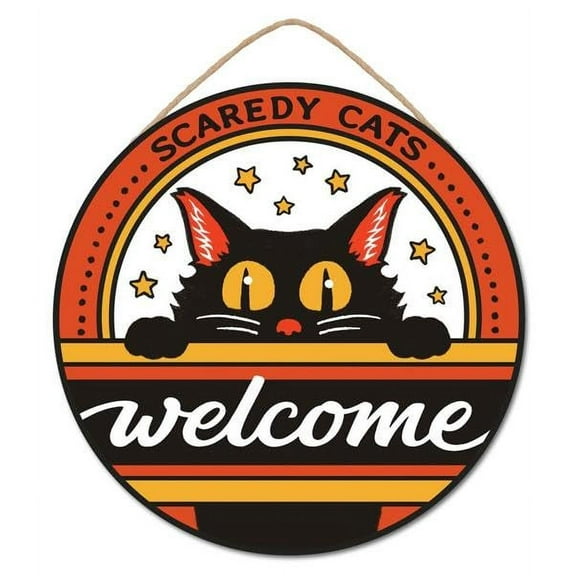 Scaredy Cats Welcome Halloween Sign, Orange Black White Yellow - 10 Round
