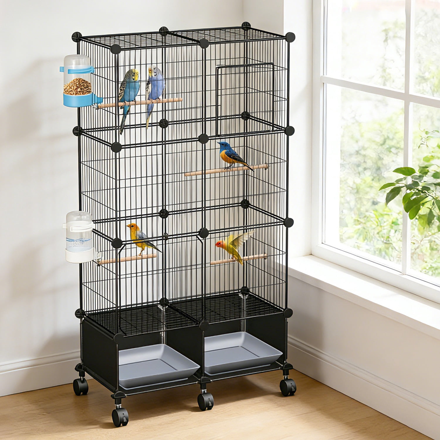 Zorpupoa 46in Spacious Indoor Bird Cage Pet Bird House with Lockable Wheels 2 Slide-Out Trays 4 Wooden Perches Feeder Set for Home Bird Care