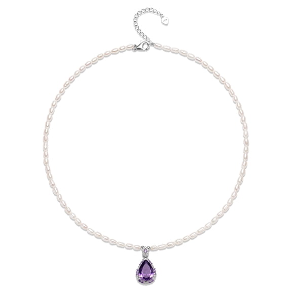 BAMIKI 3-4mm White Cultured Pearl Necklace with Purple Zircon Pendant, 925 Sterling Silver Adjustable Chain Valentine's Day Jewelry Gift for Women