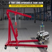 KFFKFF Hydraulic Long Ram Jack, 4 Tons Capacity, Single Piston, Flat Base, Manual Operation, Suitable for Garage Cranes, Engine Hoists, Red