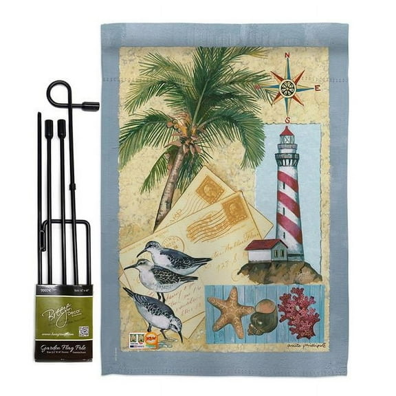 Breeze Decor BD-NA-GS-107052-IP-BO-D-US18-SB 13 x 18.5 in. Lighthouse Letters Coastal Nautical Impressions Decorative Vertical Double Sided Garden Flag Set with Banner Pole
