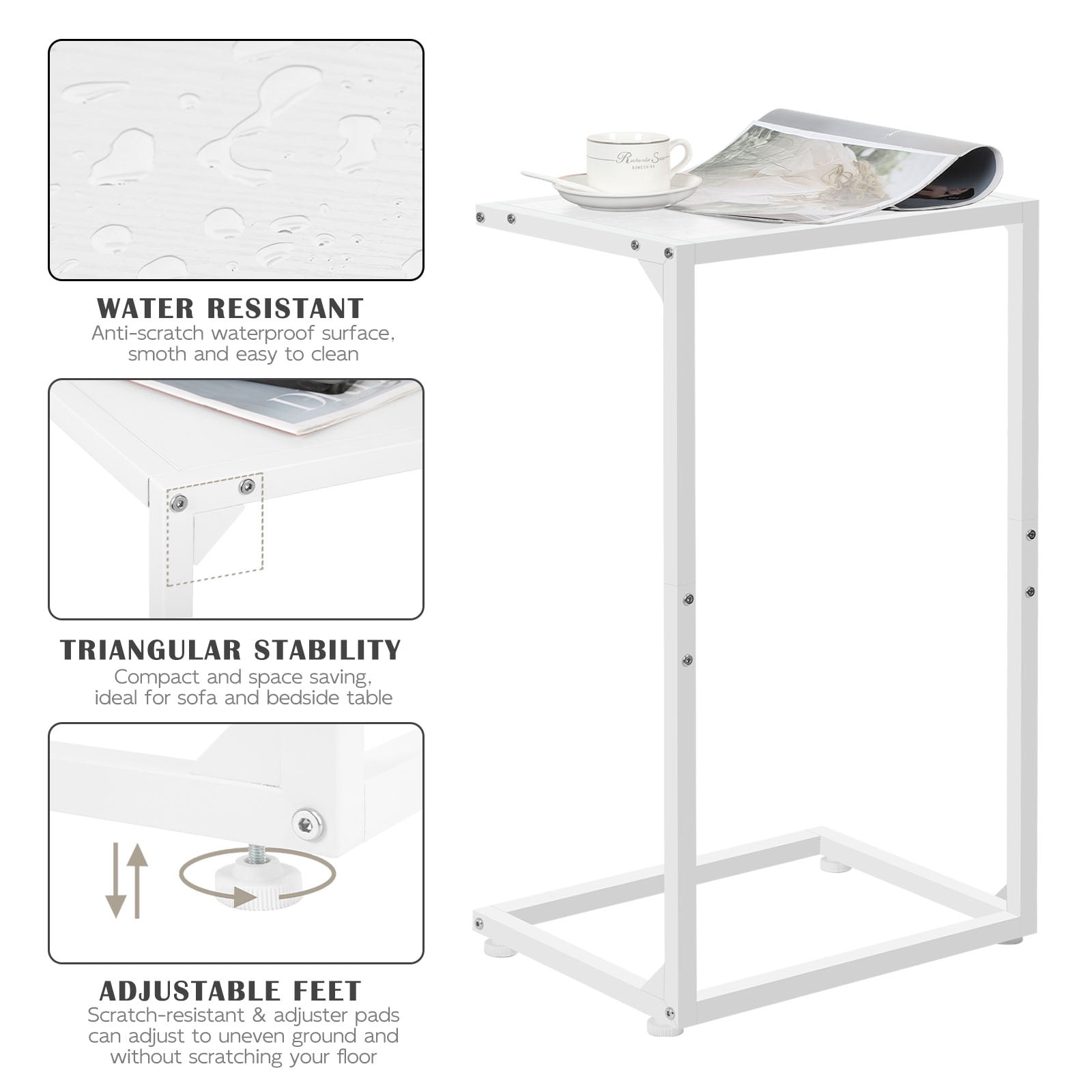 Horizontal Flat C‑Shaped Side Table, Single Piece White End Table for Sofa and Bedside