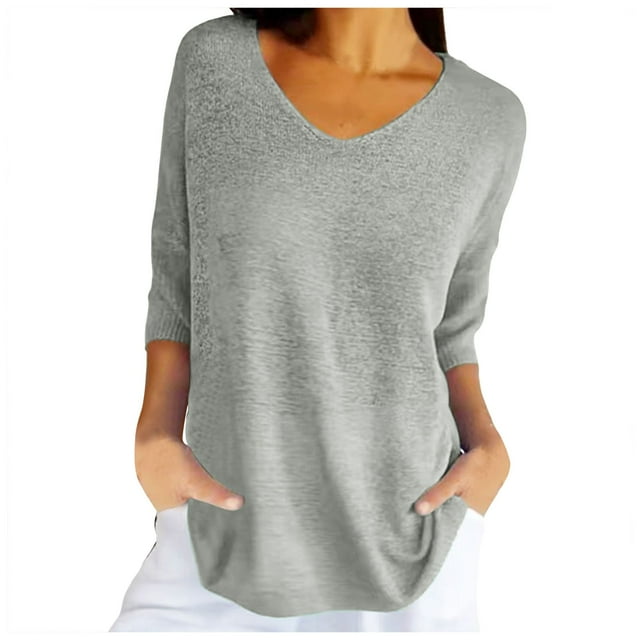 XDZJLR Women T Shirts Spring Casual 3/4 Sleeve Solid Color V Neck Loose Pullover Knit Fall Sweaters Tees