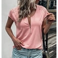 thumbnail image 2 of Mujer Cremallera Cuello en V Encaje Crochet Ojal Top Manga corta Camisa casual Transpirable Color puro, 2 of 6