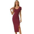 thumbnail image 1 of Vestido de Punto para Mujer con Cuello Redondo Manga Corta Abertura Lateral Vestidos Elegante a Media Pierna Rojo oscuro M, 1 of 6