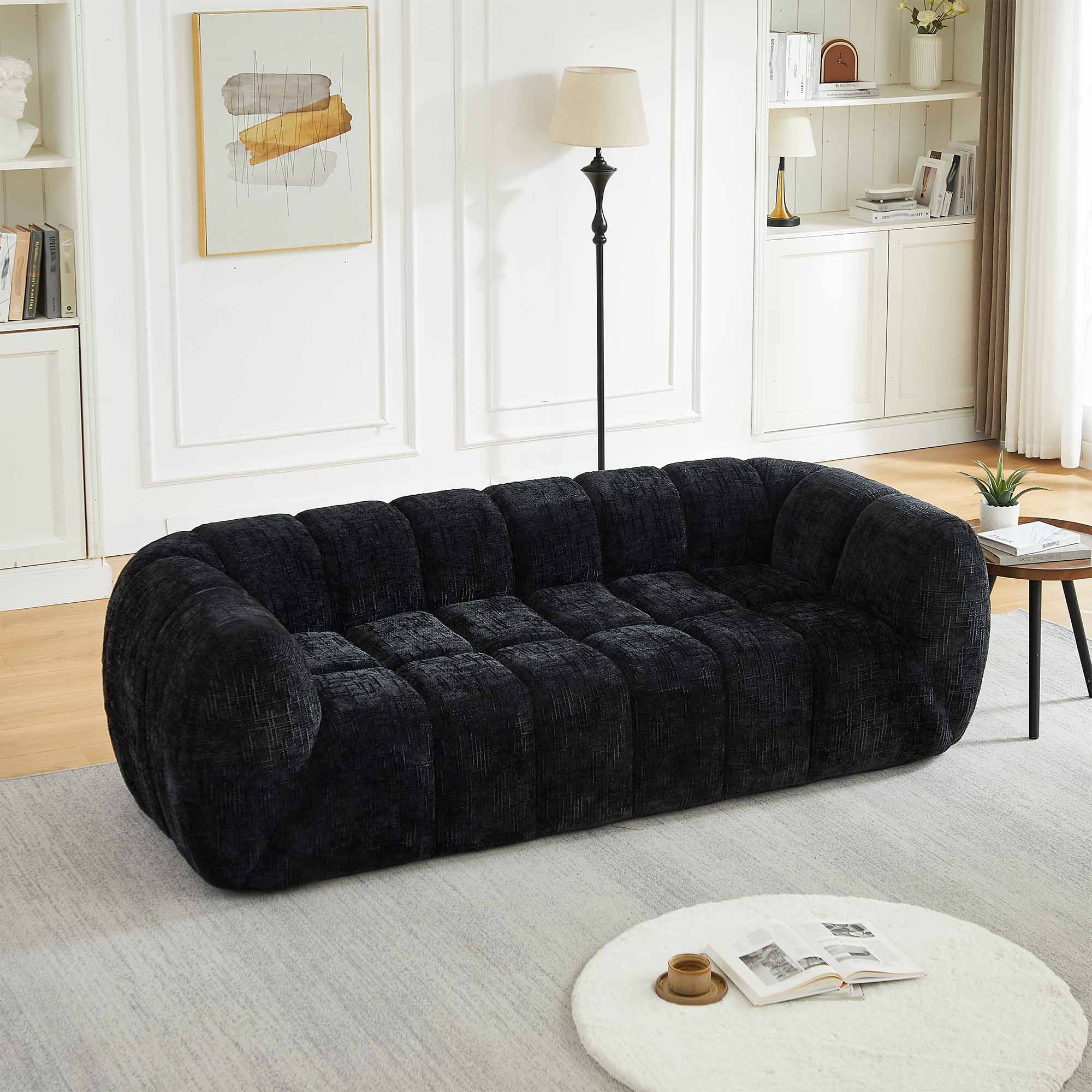 Lunale 3-Seater Boneless Sofa, No Assembly Required, Modern Cloud Couch for Living Room, Apartment, Black Chenille