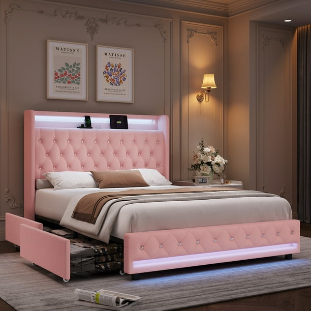 Homfa Full Size LED Bed Frame with 4 Storage Drawers & Charge