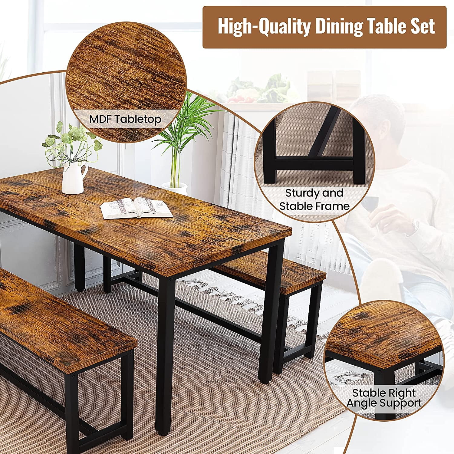 Baxluxe Dining Table Set, Rectangular Dining Table with Bench Set, Dining Table Set for 2-4 for Apartment, Kitchen and Dining Room, Antique Color