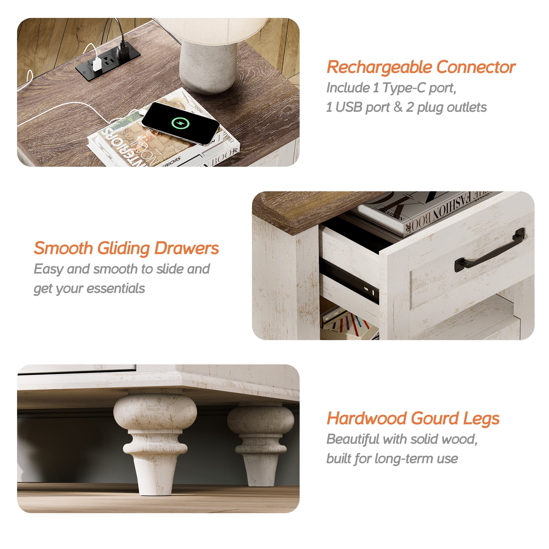 Side Table with 2 Drawers & Open Shelf, Farmhouse End Table with Charging Station, Wooden Nightstand for Bedroom & Living Room, Antique White