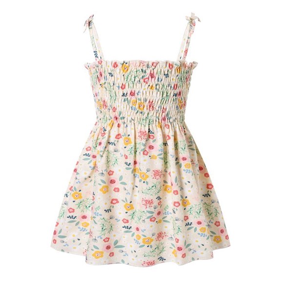 WRKEKC Girls Floral Dress Sleeveless Red Daisy Print Spaghetti Strap Smocked Waist Beach Vacation Dress for 1-7 Years