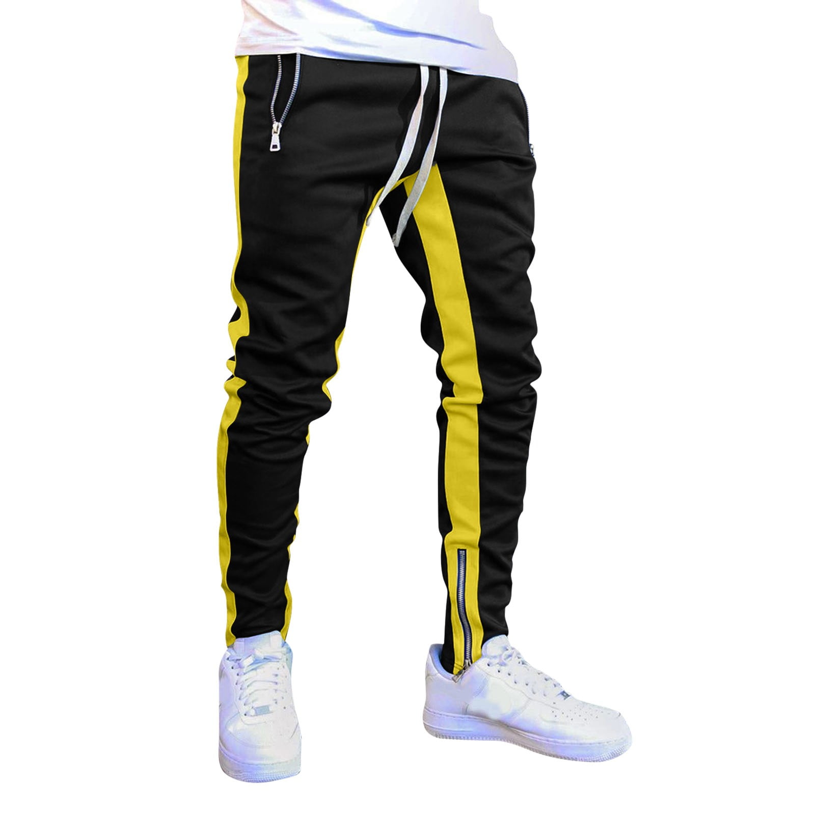 Unique Bargains Men's Slim Fit Striped Pants 36 Yellow Black