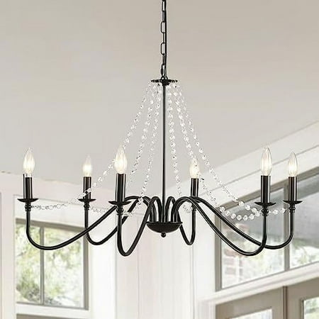 

AYFDEGT Black Crystal Chandelier 6-Light Rustic Industrial Iron Chandeliers for Dining Room Lighting Fixtures Hanging Candle Chandelier for Kitchen Island Hallway Living Room Foyer