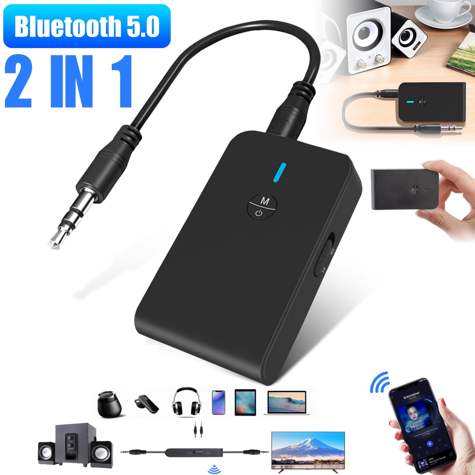 2 in 1 Bluetooth 5.0 Transmitter and Receiver 3.5mm AUX Wireless Audio Adapter 