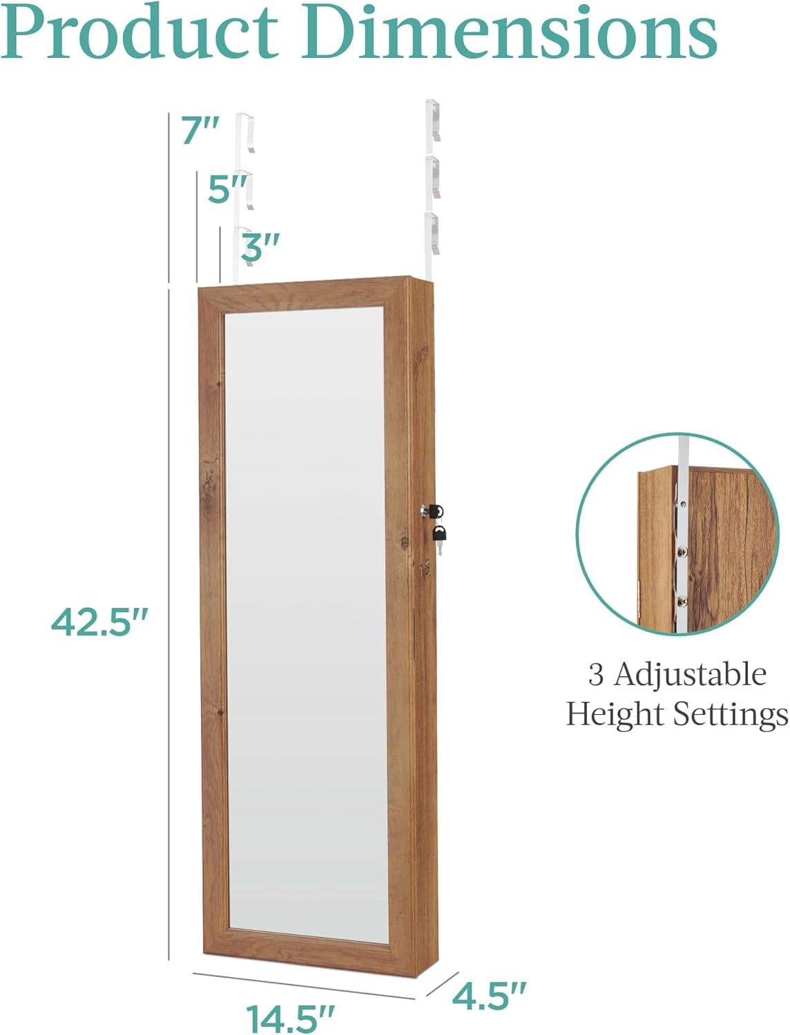WBTER LED Mirror Jewelry Cabinet, Tall Lockable Wall or Door Mounted Jewelry Armoire Organizer with Mirror, 2 Drawers, Lock, Cosmetic Tray, Shelves - Rustic Brown