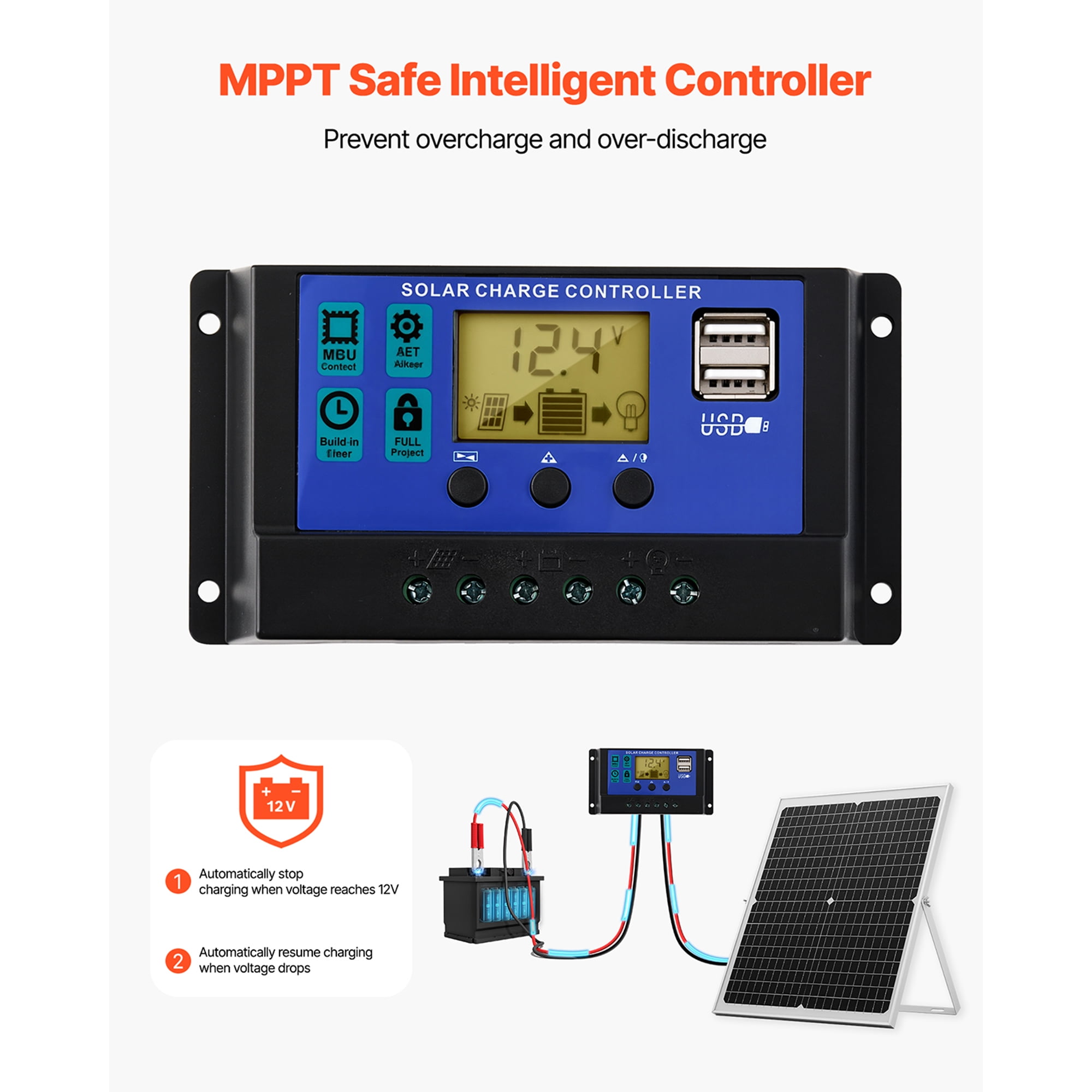 KFFKFF 30W 12V Solar Panel Charger with MPPT Controller & Adjustable Mount, IP65 Waterproof for Vehicles, Boats, RVs, Motorcycles, and Sheds