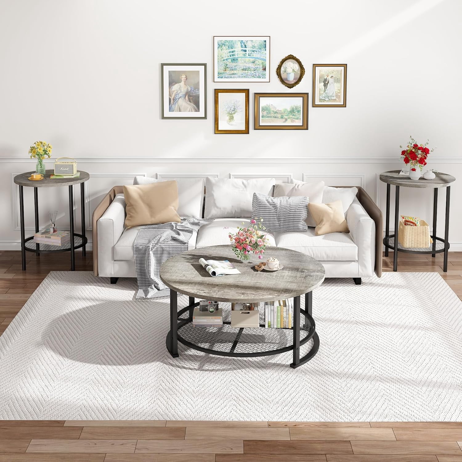 MIERES Round Coffee Table Set of 3, 2-Tier Metal Mesh Storage Shelf Living Room Set with 1 Large Center Table & 2 Small End Tables, Space-Saving Wooden Tea Table for Home Office Apartment, Gray