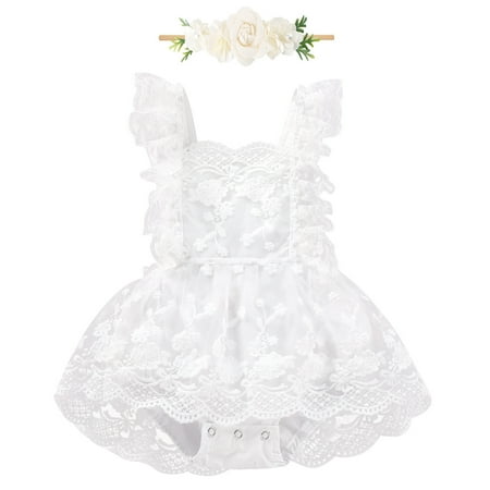 

IBTOM CASTLE Baby Girls Lace Romper Dress Boho Clothes 1st Birthday Cake Smash Outfit Newborn Photography Outfits Summer Sunsuit 3-6 Months White Embroidery Lace