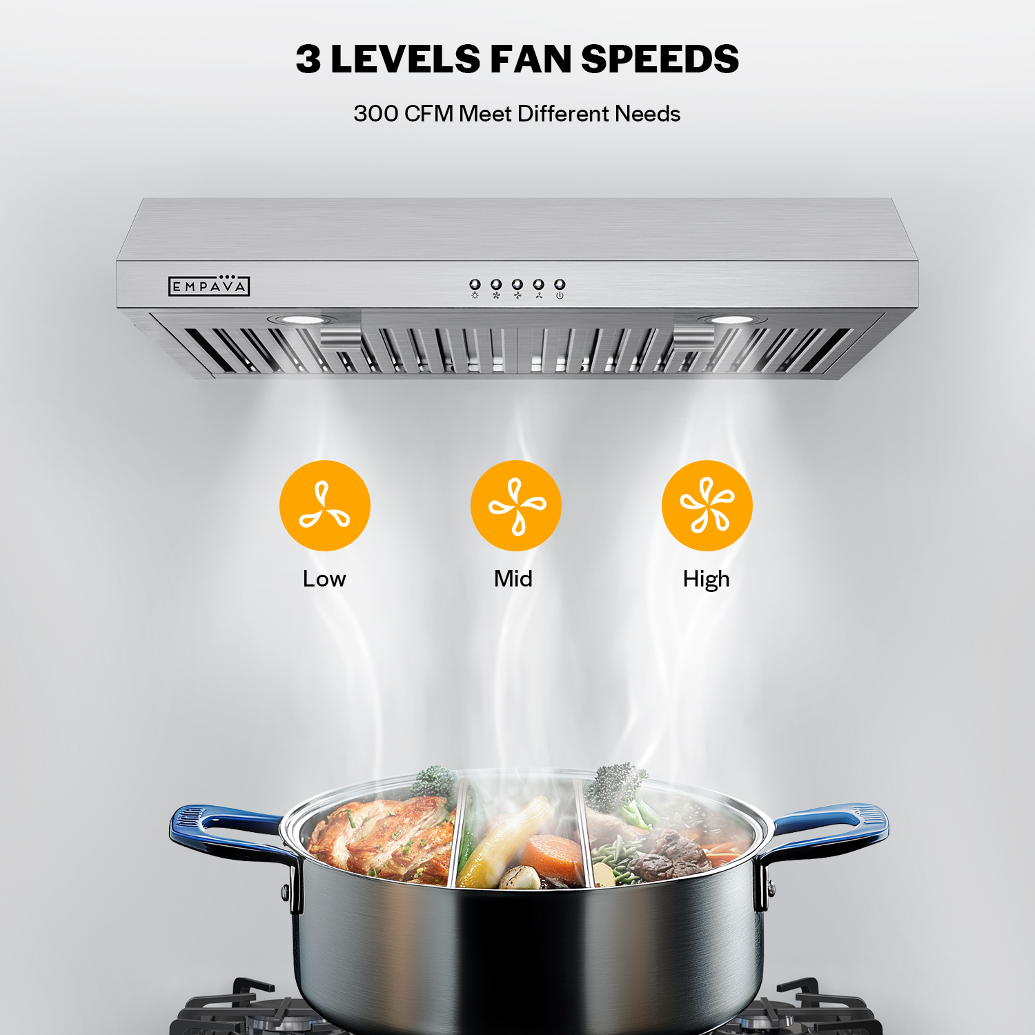 Ultrathin Series 30 in. 300 CFM Ductless Under Cabinet Range Hood for Compact Kitchen with Push Button Controls - Carbon filter – 3 Speeds Fans in Stainless Steel