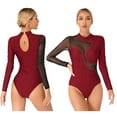 thumbnail image 1 of renvena Women Girls Gymnastics Leotards Ballet Dance Leotard Turtleneck Long Sleeve Bodysuit Burgundy XL, 1 of 7