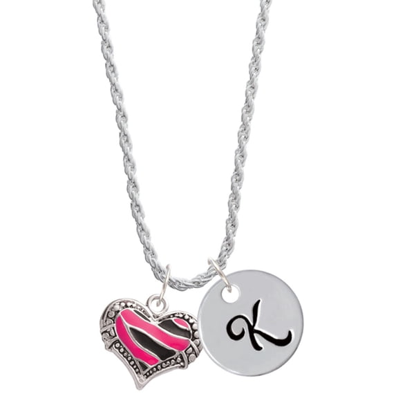 Delight Jewelry Silvertone Hot Pink Tiger Print Heart Silvertone Script Initial Disc - K - Charm Necklace, 20"+3"