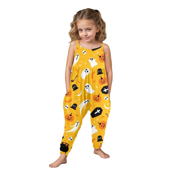 REDARER Girls Halloween Ghost Pumpkin Tomb Print Sleeveless Strap Loose Harem Jumpsuit Romper for Holiday Casual Party Outfit,5-6 Years