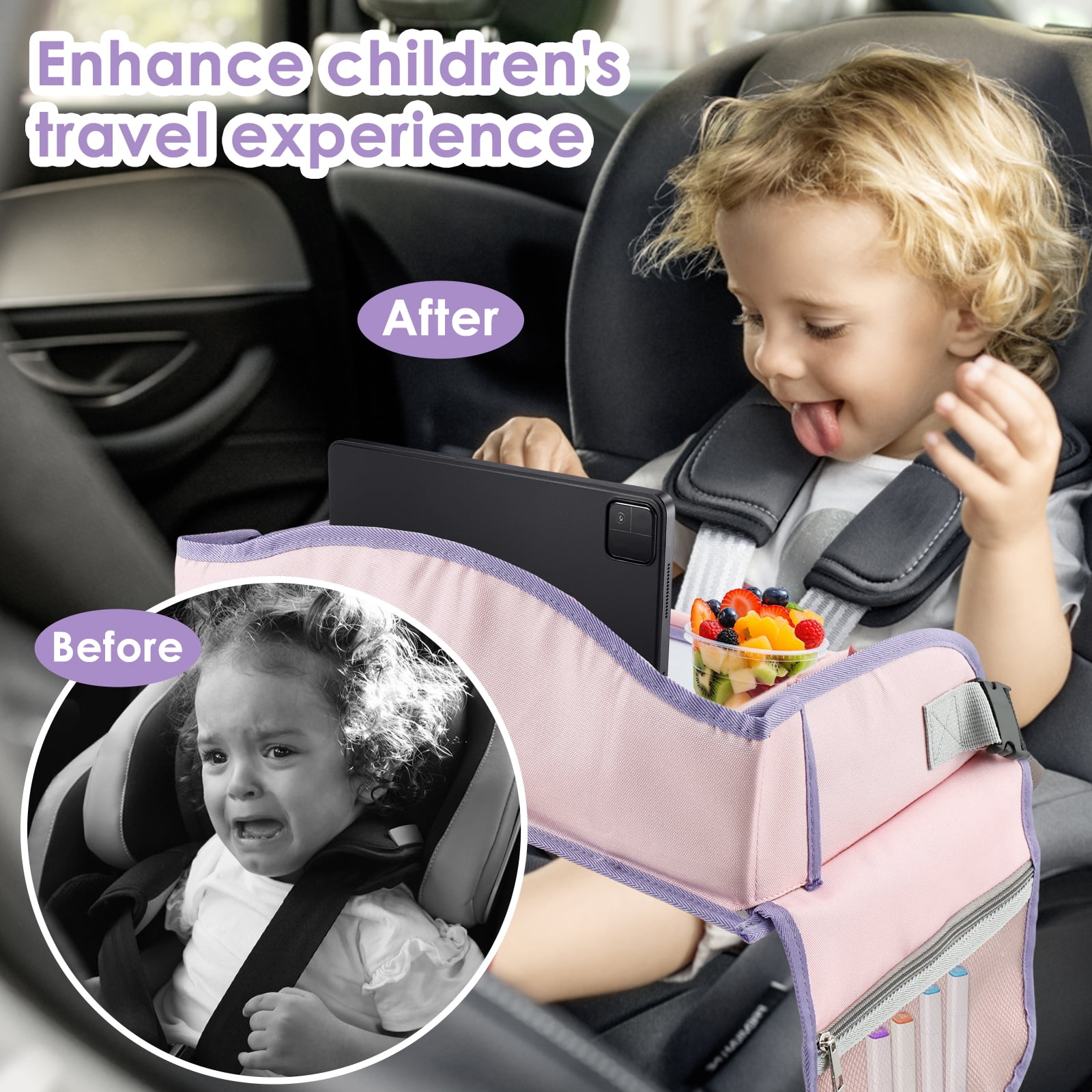 Carseat Table Tray for Kids Polyester Made Portable Drawing Board with Padded Shoulder Strap for Road Trip Activities