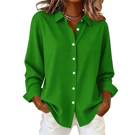 GUACER Womens Gingham Long Sleeve Blouses Trendy Button Up Collared Shirts Lightweight Casual Tops