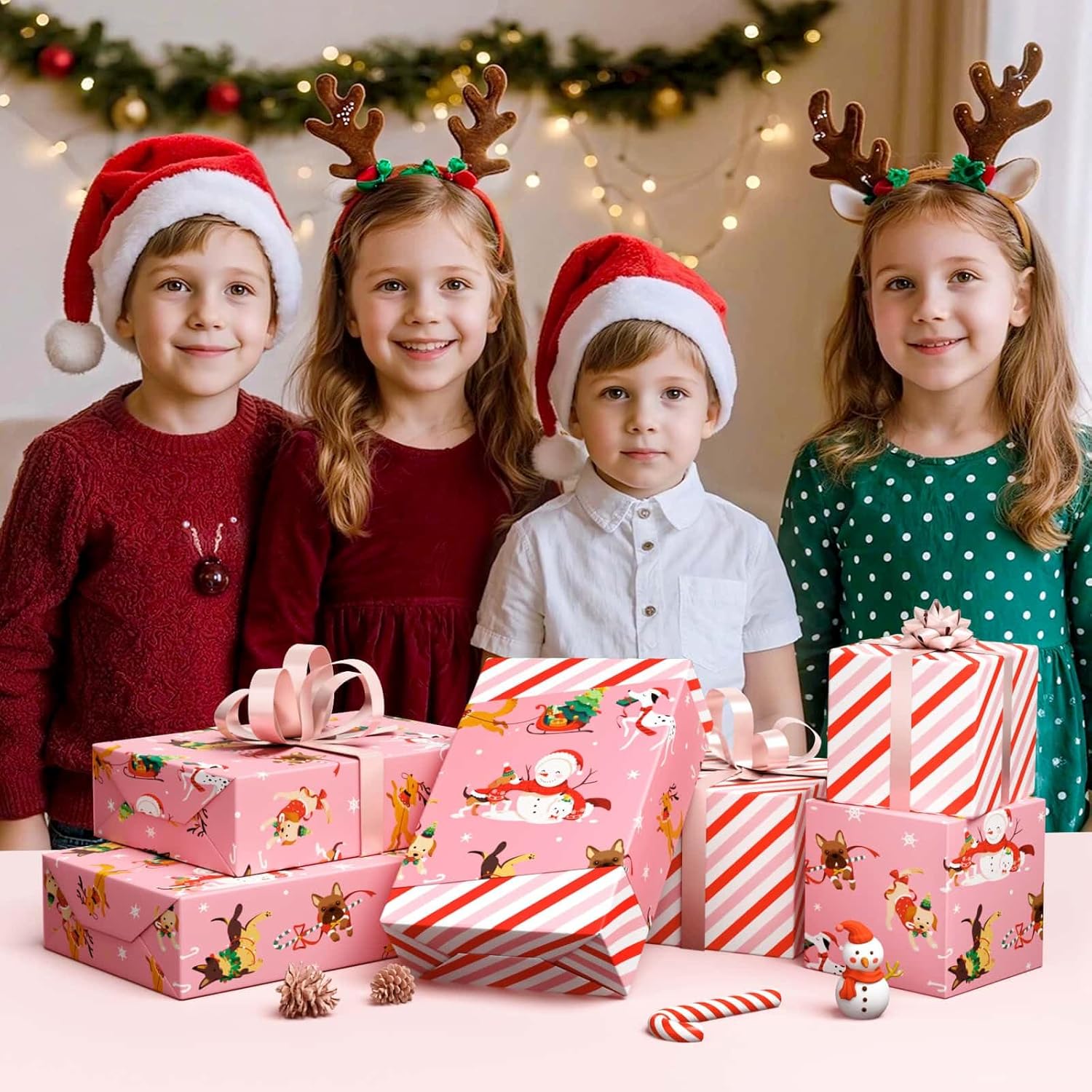 Dog Christmas Wrapping Paper Roll - 1 Roll 17”x 33 ft Pink Puppy Christmas Wrapping Paper Reversible Red Candy Cane Stripe Gift Wrap for Kids Adults Xmas Winter Puppy Party Celebration