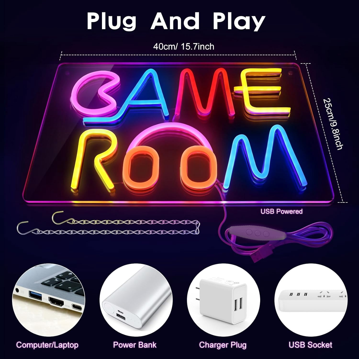 Lapalife Game Room LED Neon Signs for Wall Decor, 15.7"x 9.8" LED Light Sign Dimmable with On/Off Switch USB Powered for Bedroom Gaming Room Party Bar Club Decor