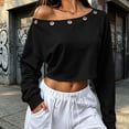 thumbnail image 6 of Women's Off Shoulder Crop Top Grommet Detail Long Sleeve Casual Pullover Sweatshirt, 6 of 9