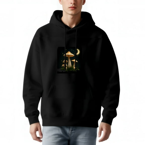 Men's Long Sleeve Hoodie Pullover Sweatshirt with Whimsical Mushroom Graphic Glowing Cap Design Front Pocket